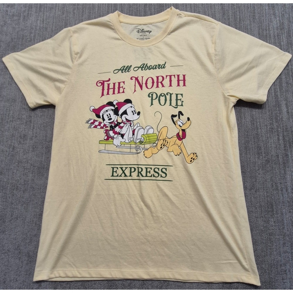 Disney yellow Holiday graphic T-shirt LG Mickey Mouse "The North Polo Express" - Picture 1 of 8
